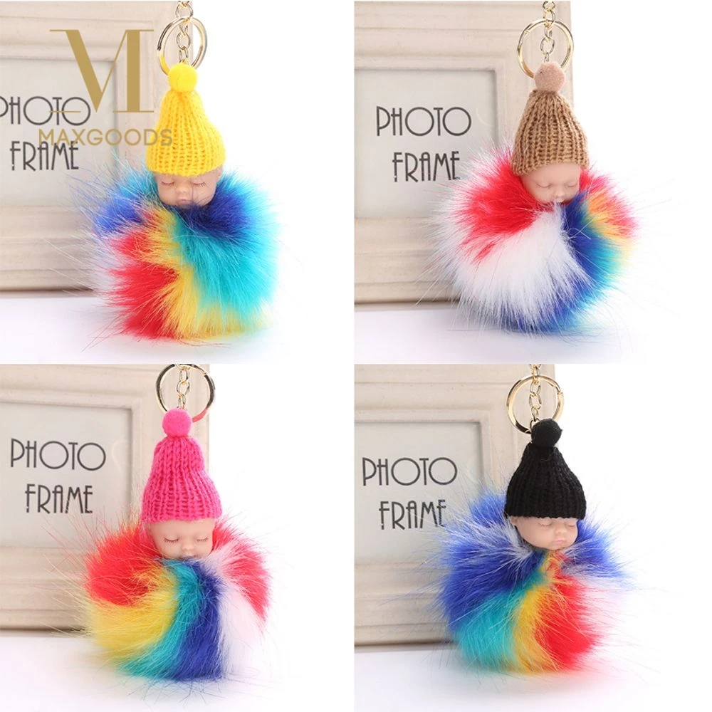 

1 Pcs Fashion Rainbow Pompom Fluffy Sleeping Baby Doll Keychain Cute Faux Rabbit Fur Ball Key Chain Women Car Handbag Keyring