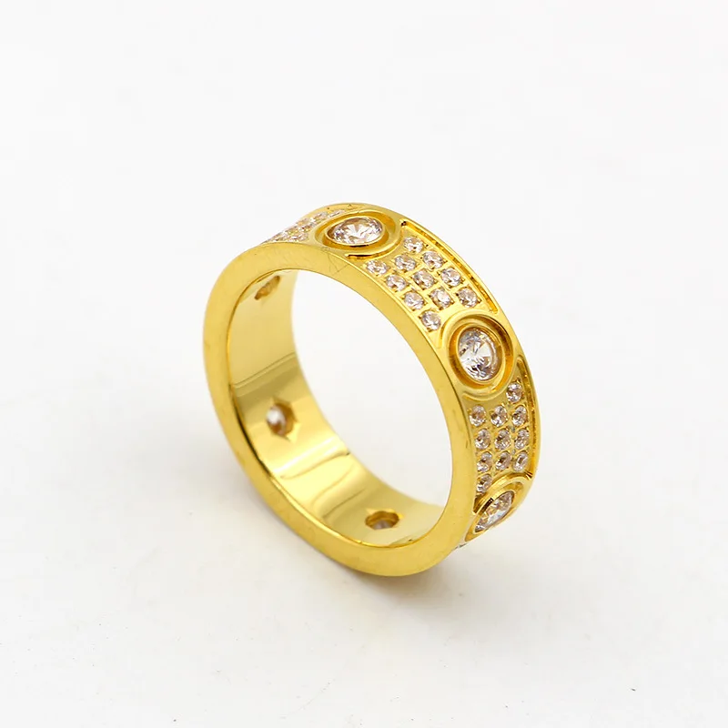 

Stainless steel rose gold love wedding ring for women men full cz crystal with big stones three rows brand logo couple love ring