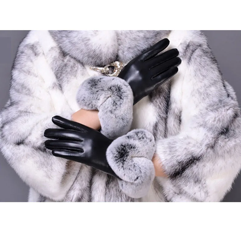 Женские утолщенные зимние перчатки Модные теплые утепленные Элегантные pu кожаные высококачественные перчатки из искусственного меха на запястье теплые женские кожаные перчатки - Цвет: BLACK