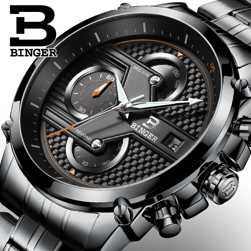 BINGER Luxury Men's Quartz Watch Steel Black Waterproof Watch
