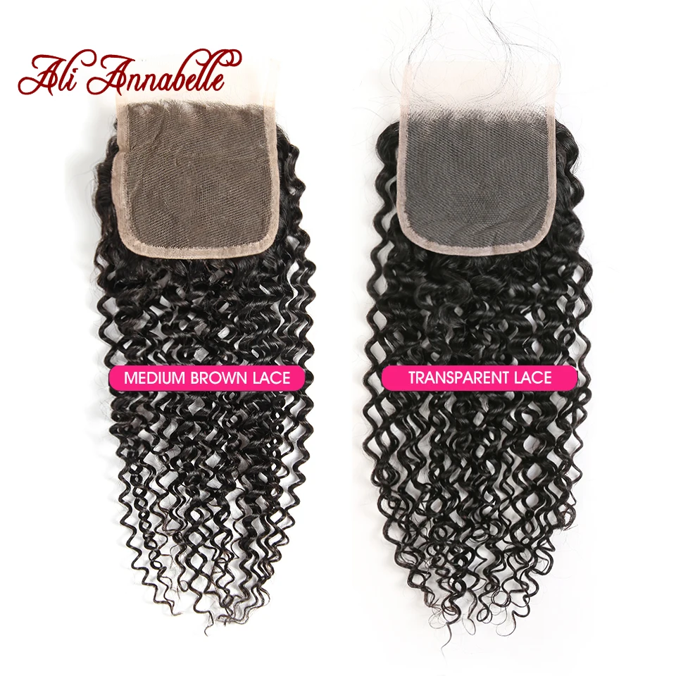 ALI ANNABELLE Brazilian Hair Kinky Curly Closure 100% Remy Human Hair Closure 4 by 4 Medium BrownTransparent Lace (2)