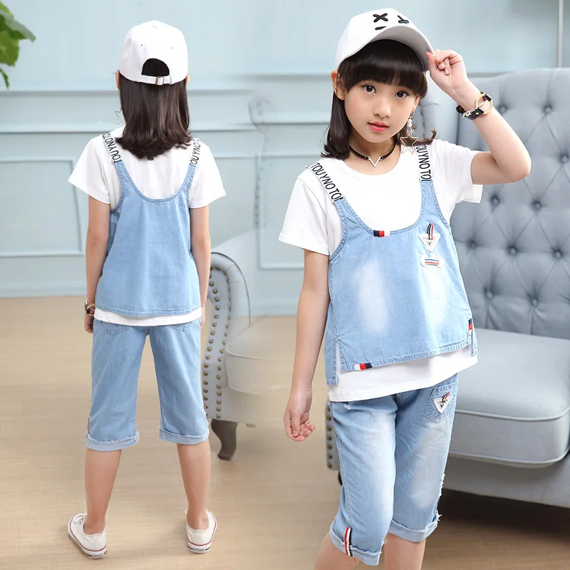 

2019 New Summer Casual Jean Sets coat +Shirt+Jeans 3pcs set Clothing Kids overalls Suit For 5 6 7 10 Years girls clothes TTX089