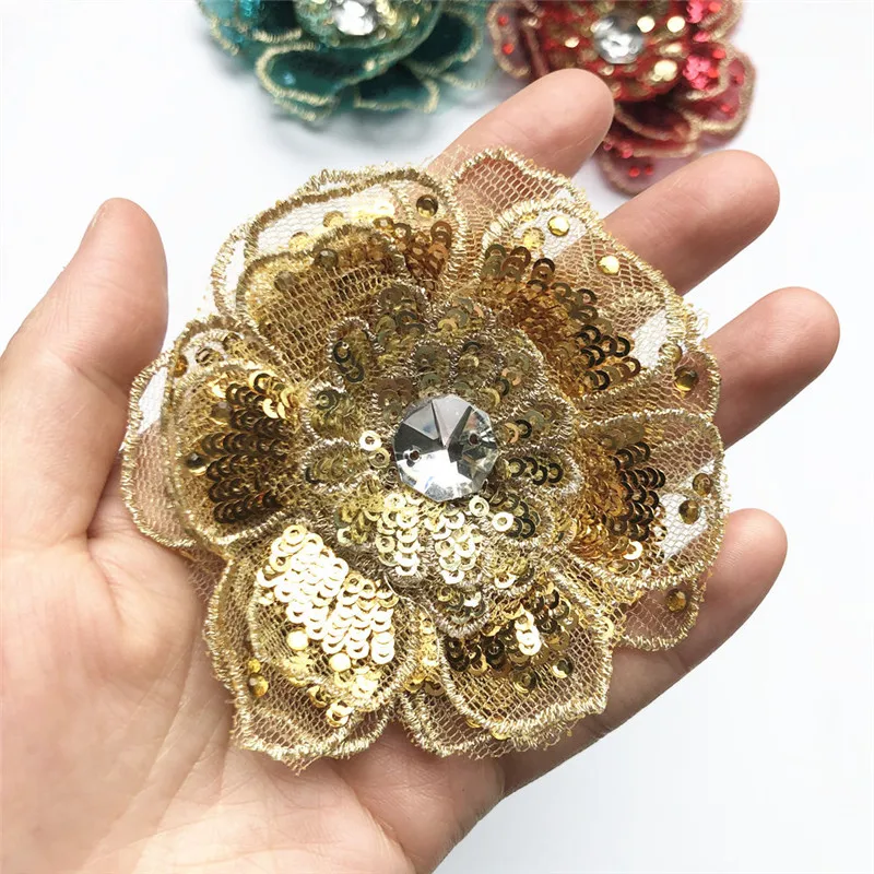 8 см вышивка 3D Золотой цветок головы пришить патч блесток отделка из сетки, кружева Многослойные отделка для свадьбы аппликации платье