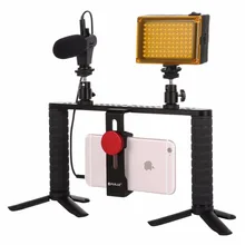PULUZ 4 in 1 Live Broadcast LED Selfie Light Smartphone Video Rig Handle Stabilizer Aluminum Bracket Kits Microphone Tripod