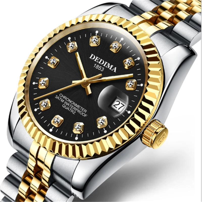 Luxury Men Wristwatch Stainless Steel Clock Fashion Automatic Calendar Watch Men Gold Rhinestone Wrist Watch Relogio Masculino