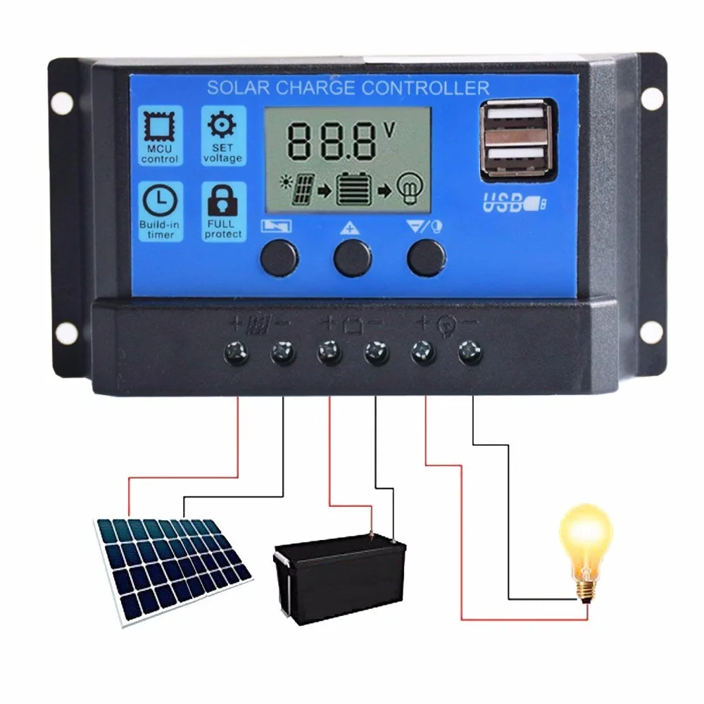

10A 20A 30A Solar Charge Controller Solar Panel Battery Intelligent Regulator USB Port Display 12V/24V (KLD)