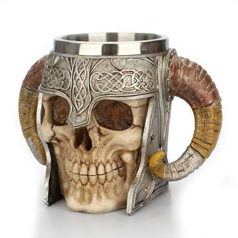 Ram Horned Pit Lord Warrior Stainless Steel Skull Mug Goat Horn Resin Viking Tankard Coffee Beer Mugs Geek Home Bar Gift Tea Cup