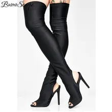 Buono Scarpe/пикантные черные высокие сапоги с открытым носком эластичные сапоги-чулки выше колена на высоком каблуке с открытым носком эластичные женские сапоги до бедра; botas