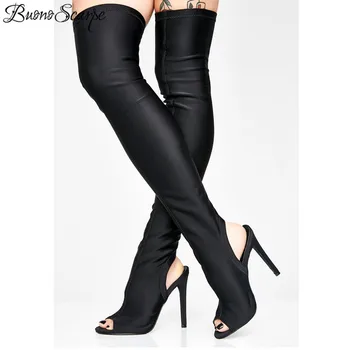 

Buono Scarpe Sexy Black Peep Toe Long Boots Elastic Open Back Over The Knee High Heel Sock Boots Stretch Thigh High Women Botas