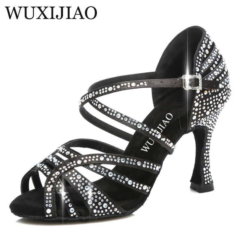 

WUXIJIAO Latin Dance Shoes Women New laser Rhinestone Satin Salsa Party Ballroom Dancing Shoes Skin bronze Cuba high heel 9cm