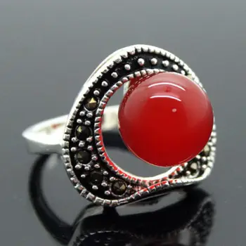 

wholesale Pretty 6mm Red Natural jade Beads Inlay Marcasite 925 Sterling Silver Ring 7/8/9/10