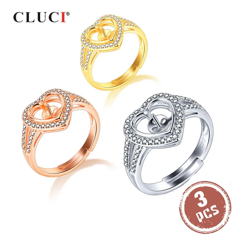 

CLUCI 3 шт серебро 925 Сердце женское кольцо для юбилея 925 пробы Серебряное регулируемое кольцо с цирконием и жемчугом крепление SR2203SB