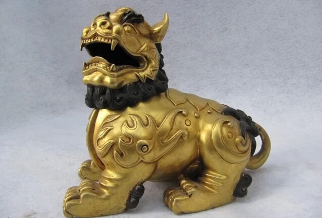 

song voge gem S0492 100% Pure Bronze 24K Gold Gild Buddhism Foo Dog Lion incense burner statuary
