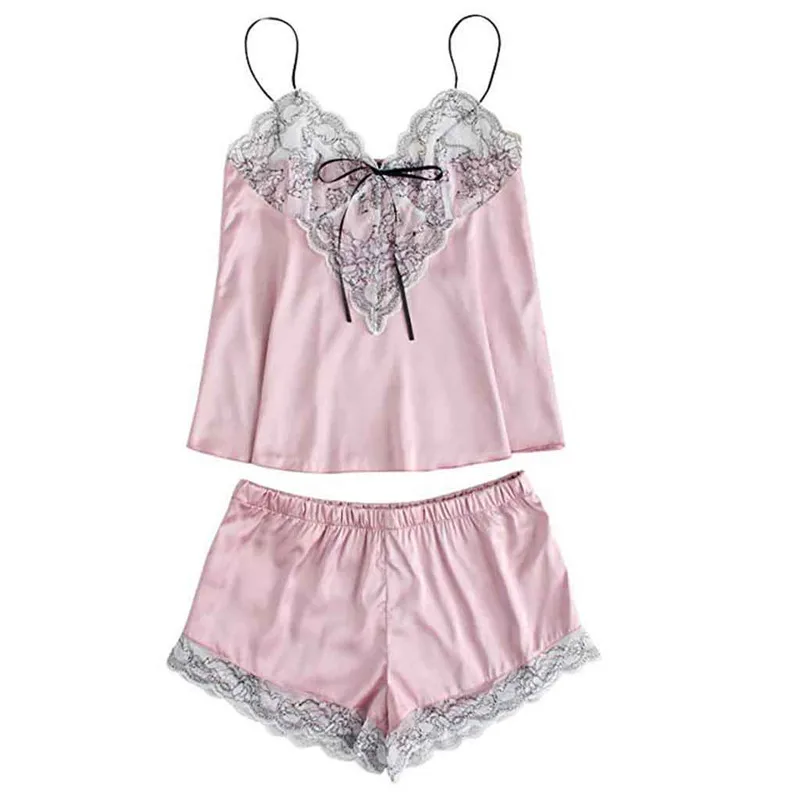 

Fashion Pink pyjama Girls Cute Lace Embroidered Silk Underwear And Shorts Pajama Set Casual Ladies pyjamas pigiama donna 2019