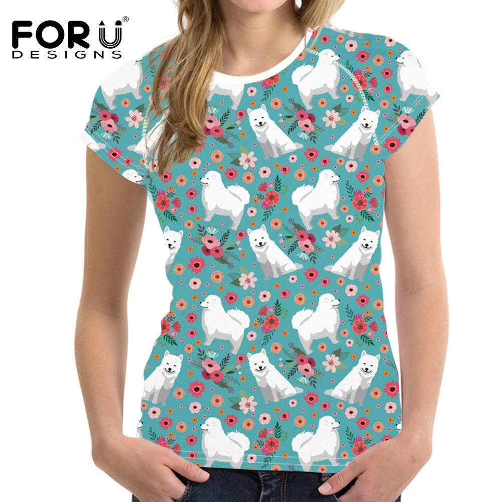

FORUDESIGNS T Shirt Women Funny Samoyed Printing Short Sleeve Tops Ladies Puppy Flower Pattern T-Shirt for Females Fitness Cloth
