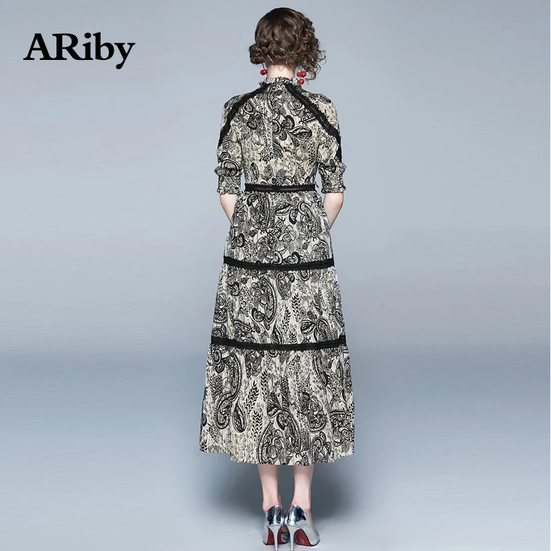 Women Dress Stand Collar Dress 2019 Spring Summer New Elegant French Retro Lady A-Line Print Lace Lantern Sleeves Long Dress