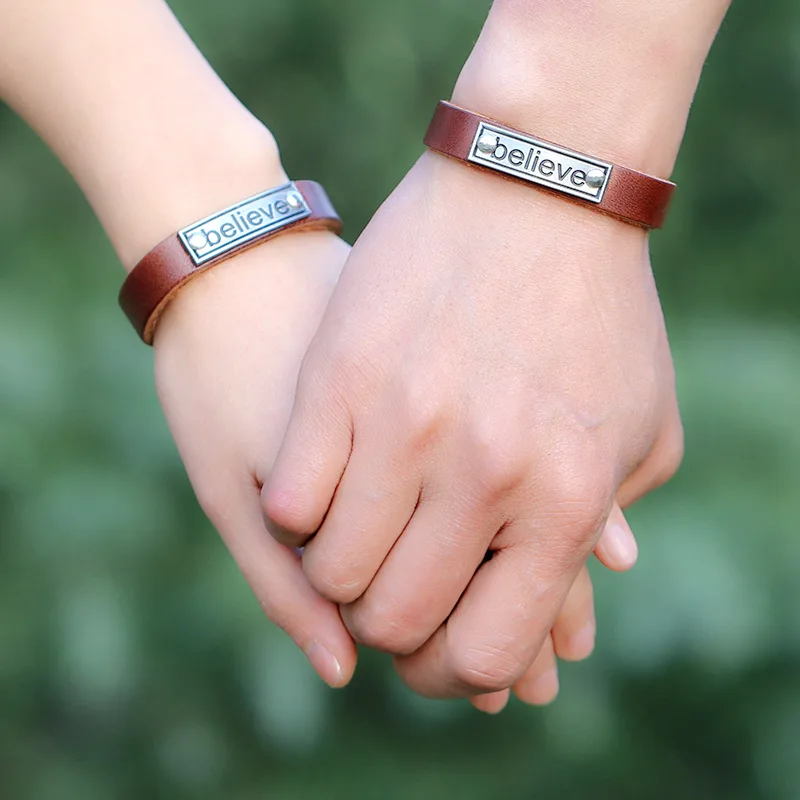 

Valentines Day 2 Pcs / lot Believe Genuine Leather Bracelet Men 2018 Jewelry Wrap Bracelet For Mens Cuff Women Jewelry