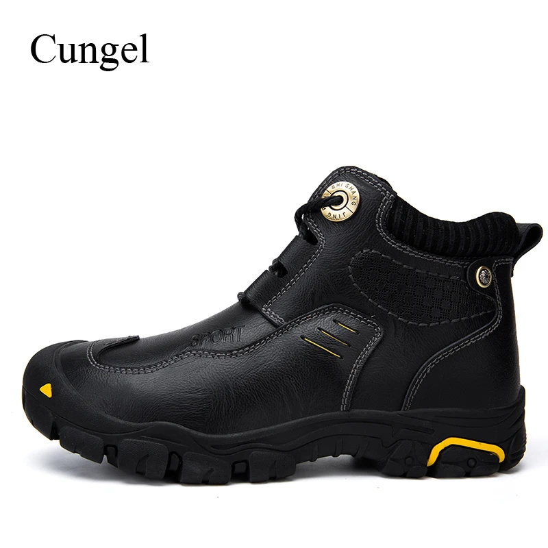Cungel الشتاء أحذية الرجال في الهواء الطلق الرحلات أحذية التنزه الدفء أفخم ارتداء مقاومة جلد الأحذية الجبلية تسلق أحذية
