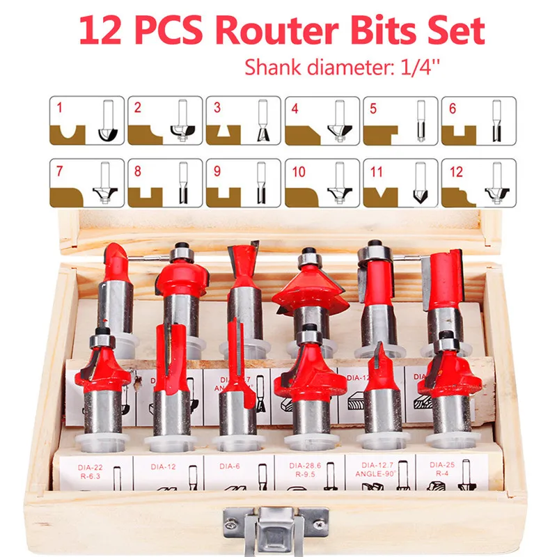 

12Pcs/Set 1/4'' 1/2'' Shank Tungsten Carbide Router Bits Woodworking Milling Cutter for Hand Trimmer Wood Router Accessories