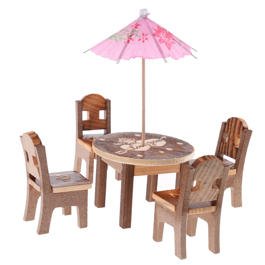 6Pcs Wooden Miniature Dinner Table Chair Kitchen Furniture Model for
