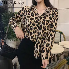 Чужой Kitty леопардовая блузка Повседневное стильный женский элегантный Сладкий Высокое качество свободные универсальные летние рубашки с отложным воротником со стойкой