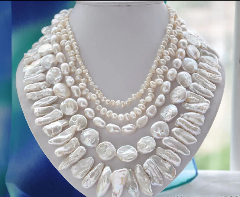 

z6080 5strands WHITE BAROQUE RICE BIWA COIN FRESHWATER pearl necklace 20inch (A0511)