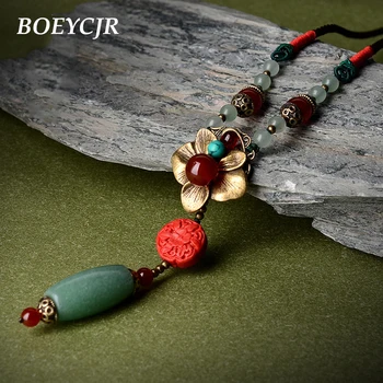 

BOEYCJR Elegant Ethnic Natural Stone Necklace Handmade Fashion Jewelry Rope Chain Vintage Pendant Necklace for Women