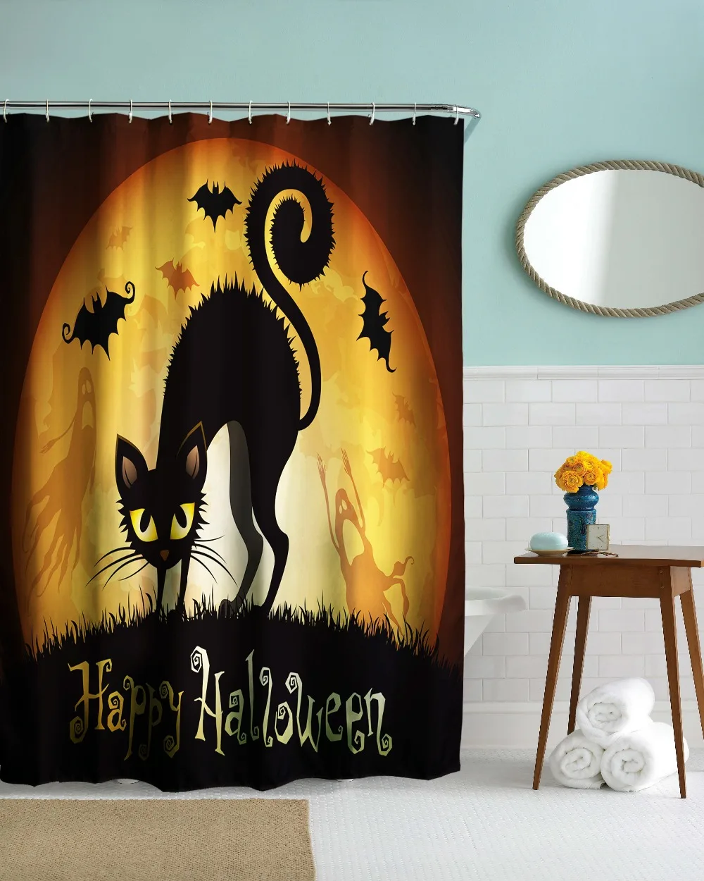 Black Cat Bathroom Shower Curtains Polyester Waterproof 3D Decorative