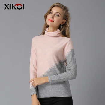 

XIKOI WOOL Women Long Sleeve Stitching Computer Knit Turtleneck Heaps Collar PULLOVERS sueter Sweater Top Tunic Jumper Basic New