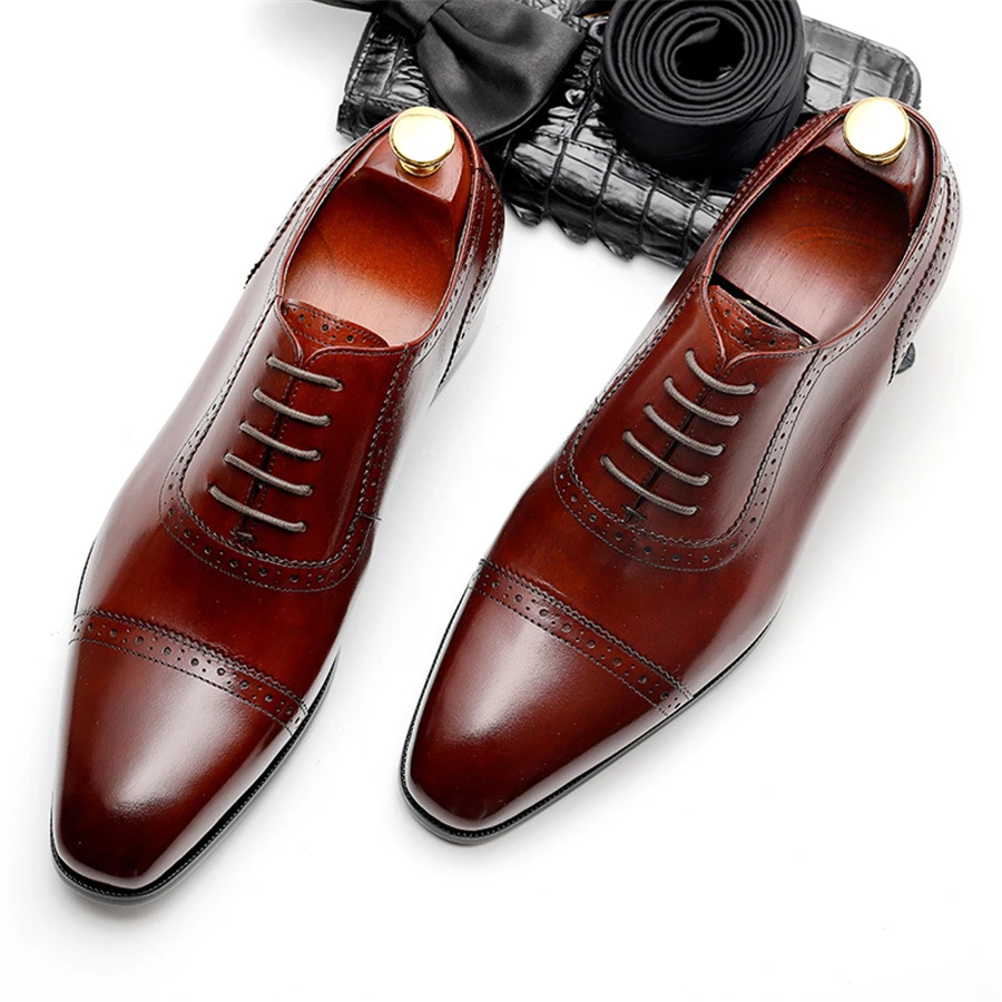 Phenkang Men Genuine Leather Shoes Man Business Dress Classic Style Coffee Black Lace Up Pointed Toe Shoes For Men Oxford