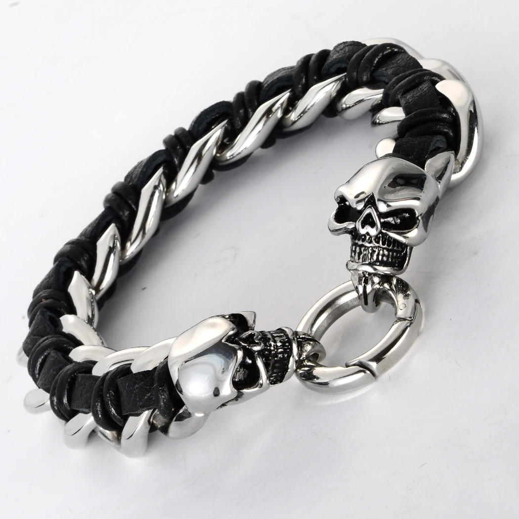 Men stainless steel leather skull bracelet 316L biker heavy jewelry