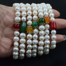 Пресноводный жемчуг Белый округлый 8-9 мм+ нефритовый браслет красный/зеленый/желтый/оранжевый красный коралл 7,5 дюймов FPPJ бусины природа