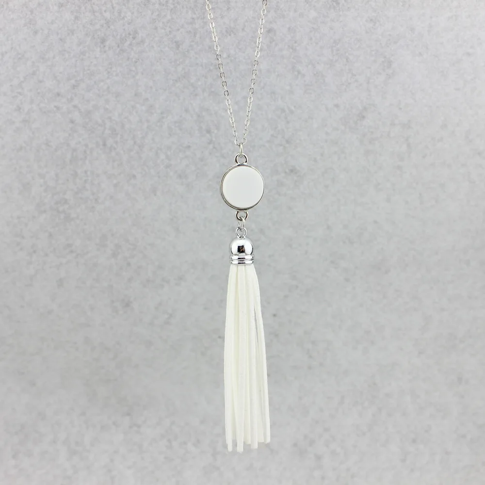 Монограмма акриловые диск заготовки Длинная цепочка Кулон Boho бархат кисточкой ожерелье для женщин Стильные персонализированные украшения - Окраска металла: Silver White