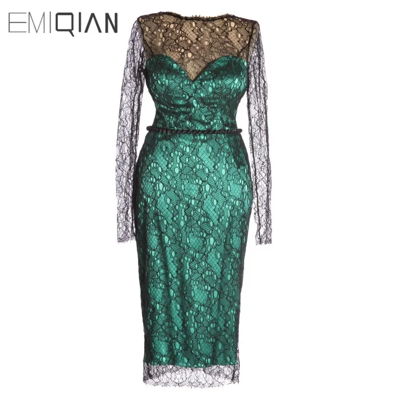 

New Full Sleeves Backless Green Lining Black Soft Lace Short Evening Dress