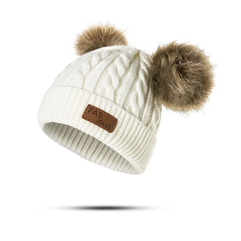 Новая зимняя шапка для мальчиков и девочек, вязаные шапки бини шапки из толстой ткани для малышей милый мягкий помпон Кепки для детей ясельного возраста теплая Кепка для мальчиков, девочек, помпоны, тёплая шапка - Color: white