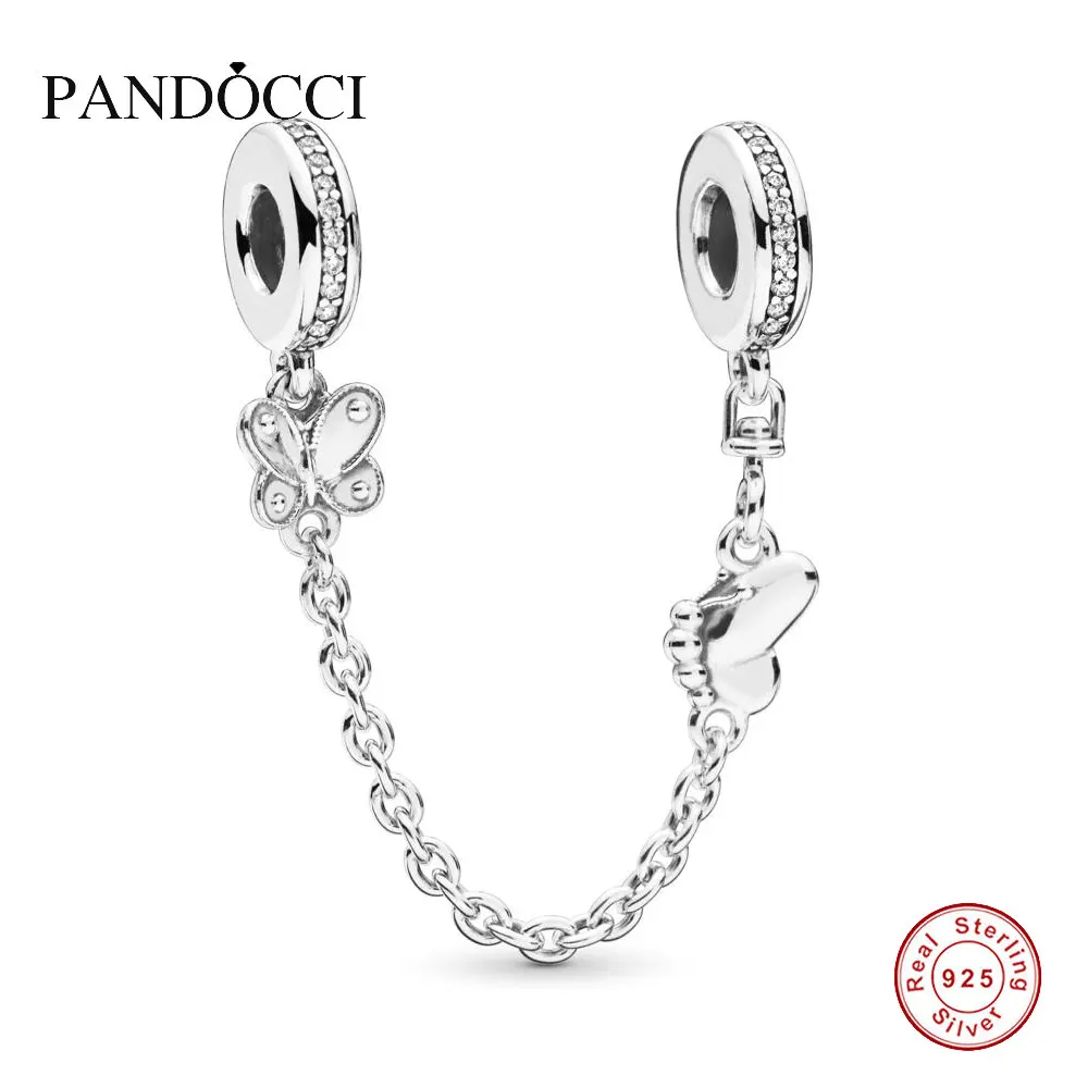

PANDOCCI 925 Sterling Silver Decorative Butterflies Safety Chain Fit Original Bangle Bracelet DIY Jewelry 2019 Spring
