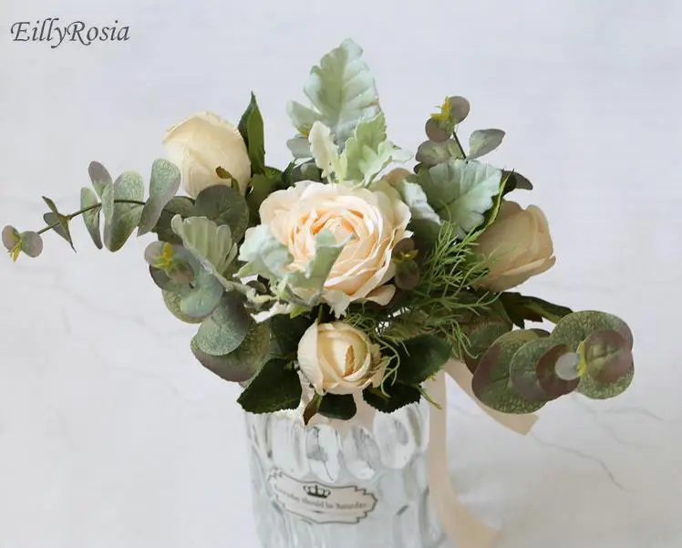 Ramos de Novia маленький размер свадебный букет для подружки невесты цветок Девушки ручной работы розы эвкалипта искусственные цветы для свадьбы дизайн