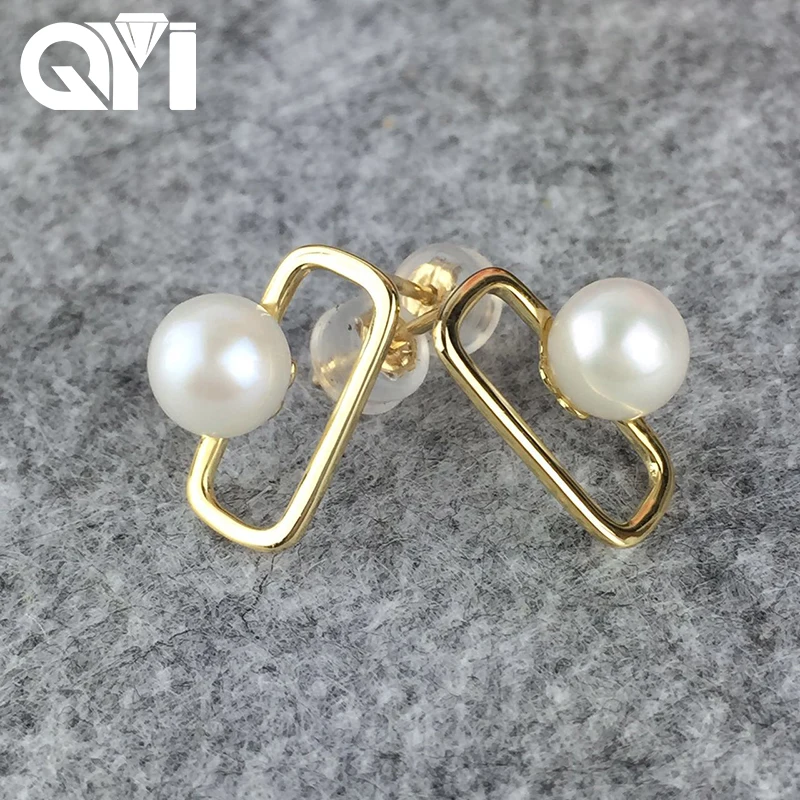 

QYI Unique Design 18K Yellow Gold Square Shaped Women Earrings 6-6.5mm Natural Fresh Water Pearl Engagement Earrings