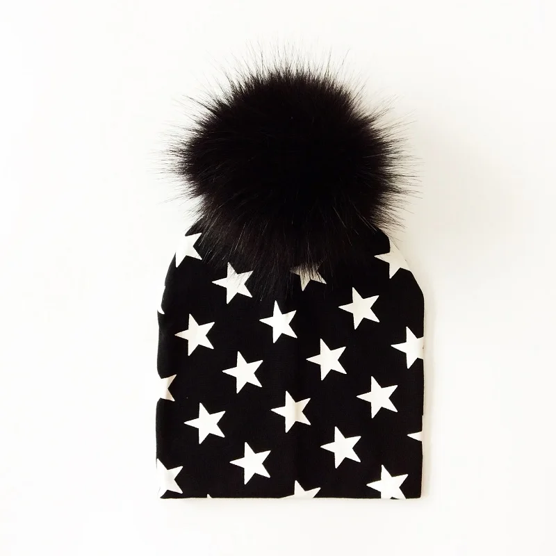 Autumn Kids Boy Girl Winter Cartoon Printing Cotton Hat With Pompon Artificial Fox Fur Baby Caps Children's Accessories Bonnet