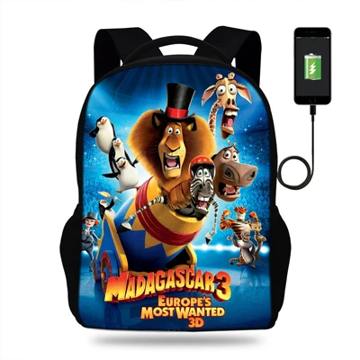 16-дюймовый шпилька милые школьные рюкзаки для девочек-подростков, Мадагаскар рюкзак для детей мальчиков зарядка через usb школьный рюкзак для детей, сумка для ноутбука - Цвет: N16K0427