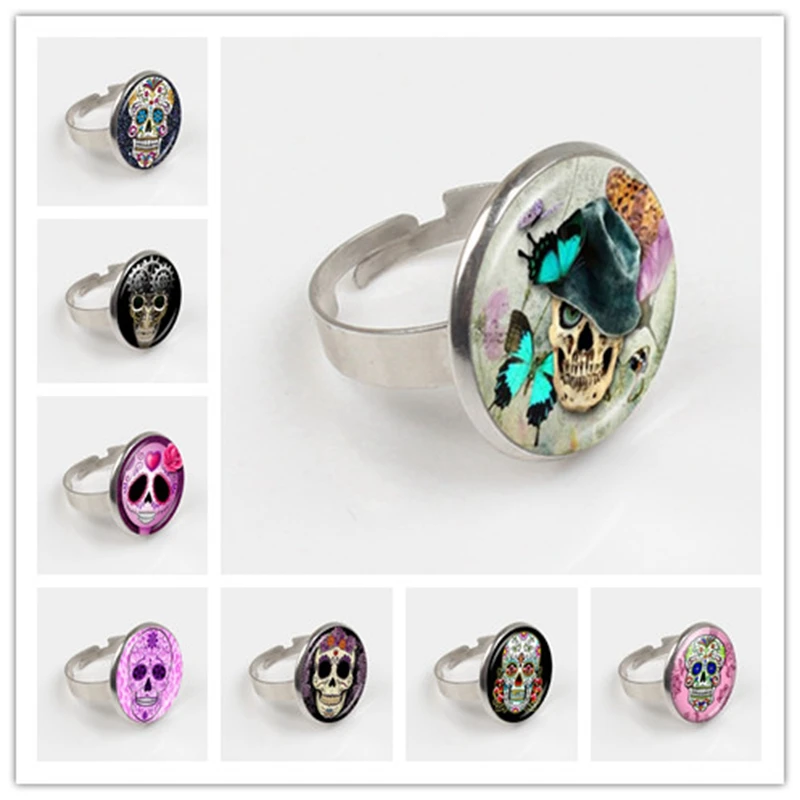 

Day of the Dead Sugar Skull Ring Skeleton Photo Ring Tattoo Gothic Flower Jewelry Glass Dome Gothic Accessories