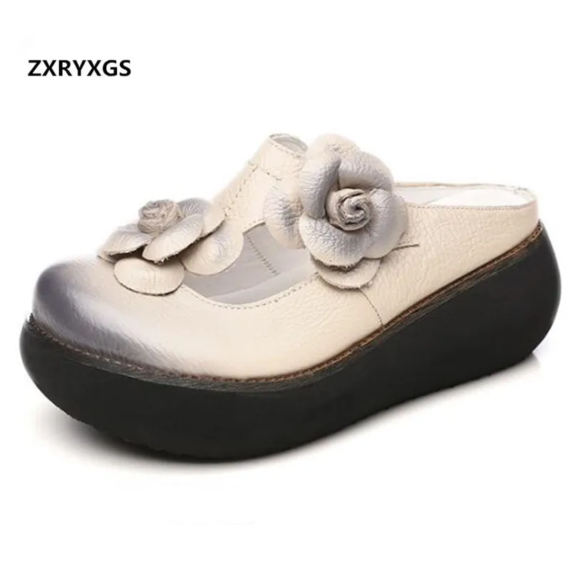 

ZXRYXGS Brand Sandals Retro Flower Fashion Sandals Women Slippers 2019 New Cow Leather Sandals Thick with Women Sandals Slippers