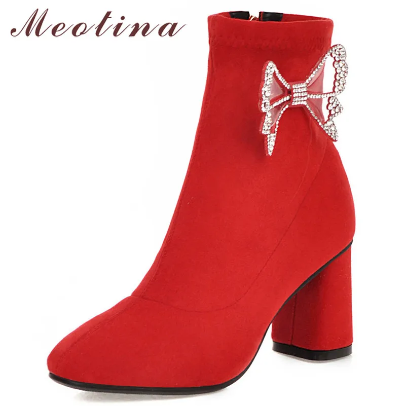 

Meotina Winter Ankle Boots Women Boots Crystal Chunky High Heel Short Boots Bow Zipper Square Toe Shoes Lady Fall Big Size 33-46