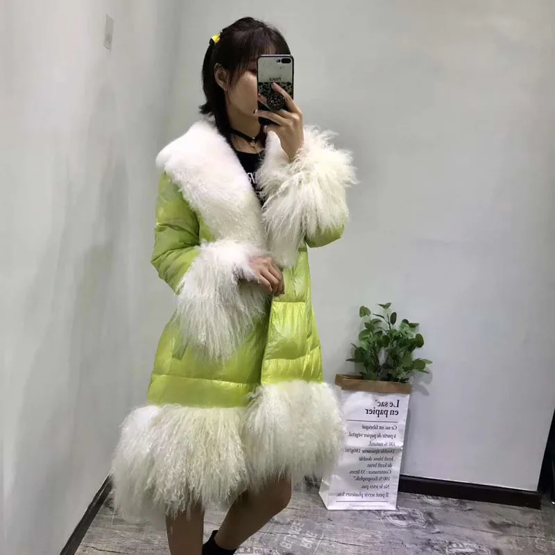 

blouson femme 90% white duck down jacket winter coat women 2019 new fashion long parka abrigo mujer with geniune sheep fur collar mongolian wool hem clothing thick warm outerwear silver