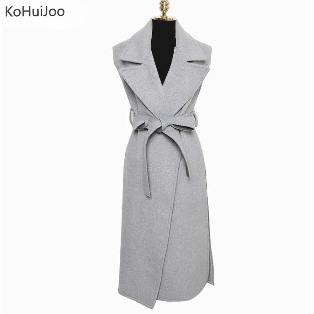 

KoHuiJoo High Quality Elegant Autumn Wool Blend Long Vest Women Fashion Belted High Slit Waistcoat Female Sleeveless Coat Street