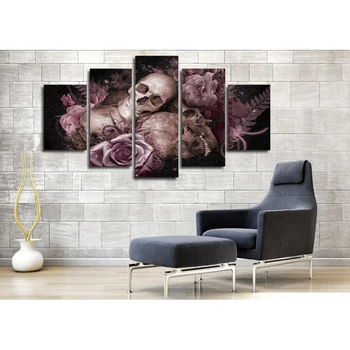 

Purple Rose and Skull Head Portrait Painting Print on Canvas Flower Poster Wall Art Vintage Home Decor Room Kitchen Wall Decor