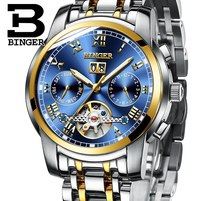 Модные спортивные часы Switzerland BINGER Tourbillon механические с календарем и сапфиром