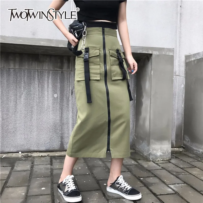 TWOTWINSTYLE армейская зеленая юбка высокая талия молния большой карман Лоскутная