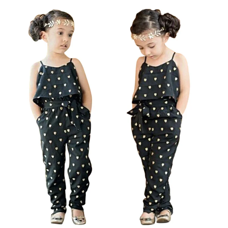 Summer Kids Girls Jumpsuit Heart Pattern Romper Trousers With Belt