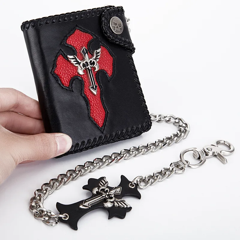 

Retro Punk Cross Short Wallets PU Leather Men Wallets Gothic Skull Luxury Hasp Purse with Chain Fashion Women Rivet Card Holder